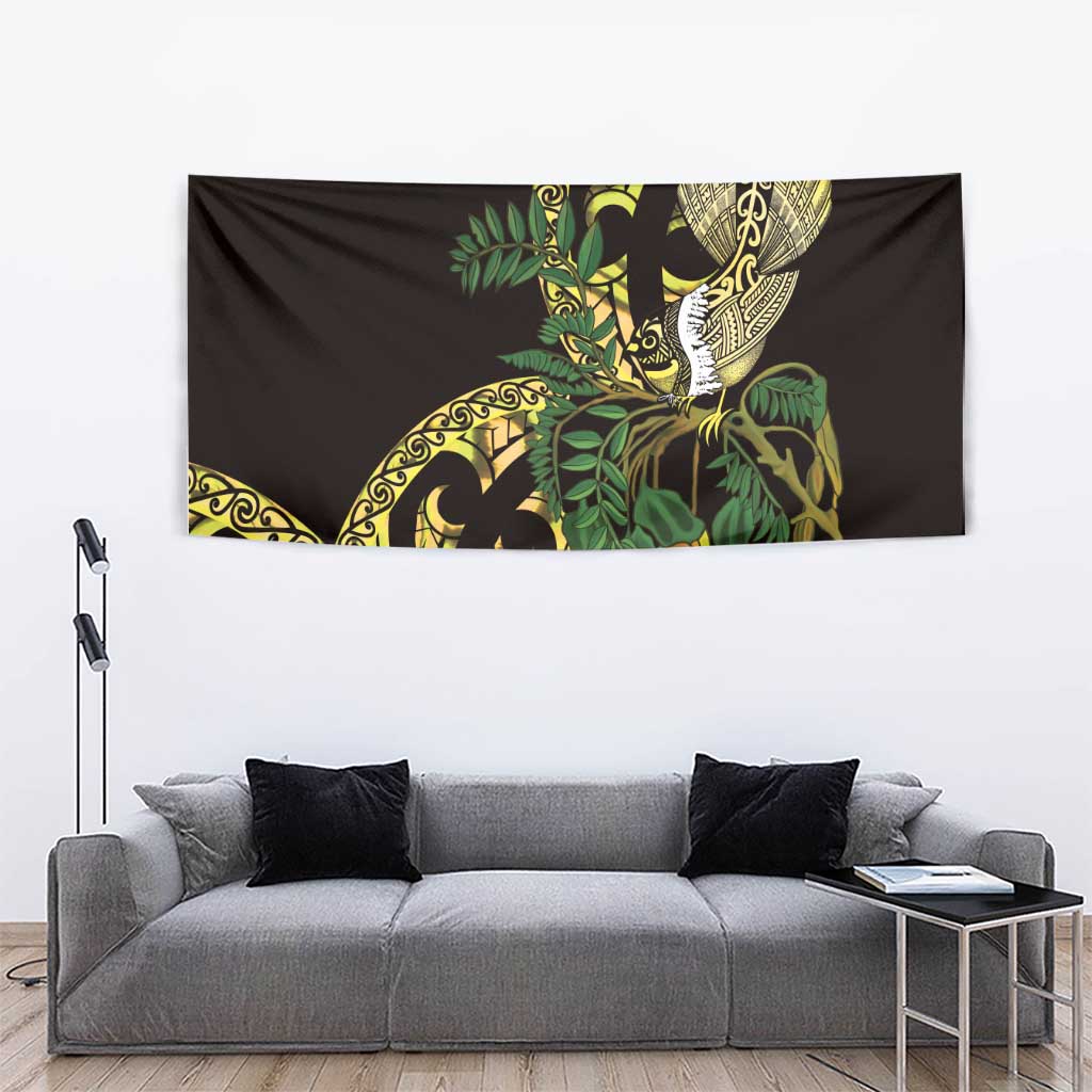 Yellow New Zealand Kowhai And Piwakawaka Tapestry Maori Ngaru Paua Shell