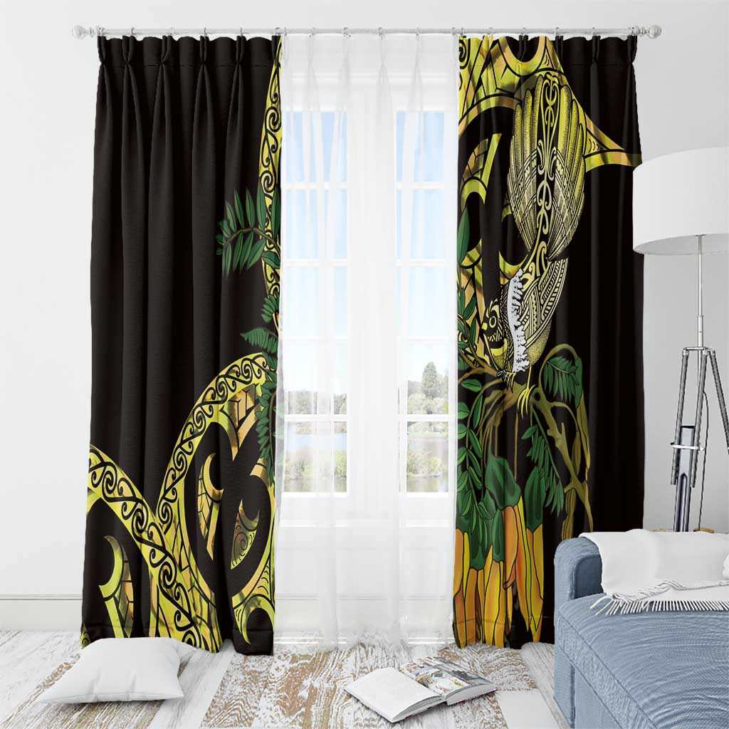Yellow New Zealand Kowhai And Piwakawaka Window Curtain Maori Ngaru Paua Shell