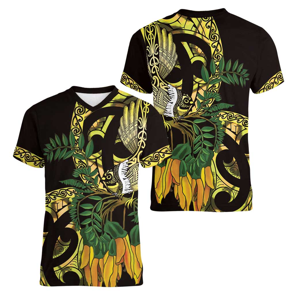 Yellow New Zealand Kowhai And Piwakawaka Women V-Neck T-Shirt Maori Ngaru Paua Shell
