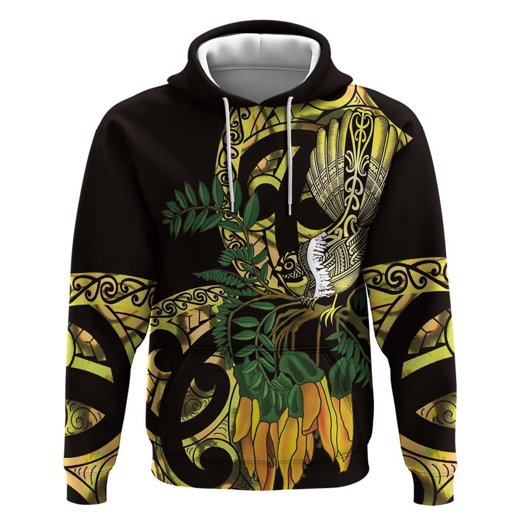 Yellow New Zealand Kowhai And Piwakawaka Zip Hoodie Maori Ngaru Paua Shell