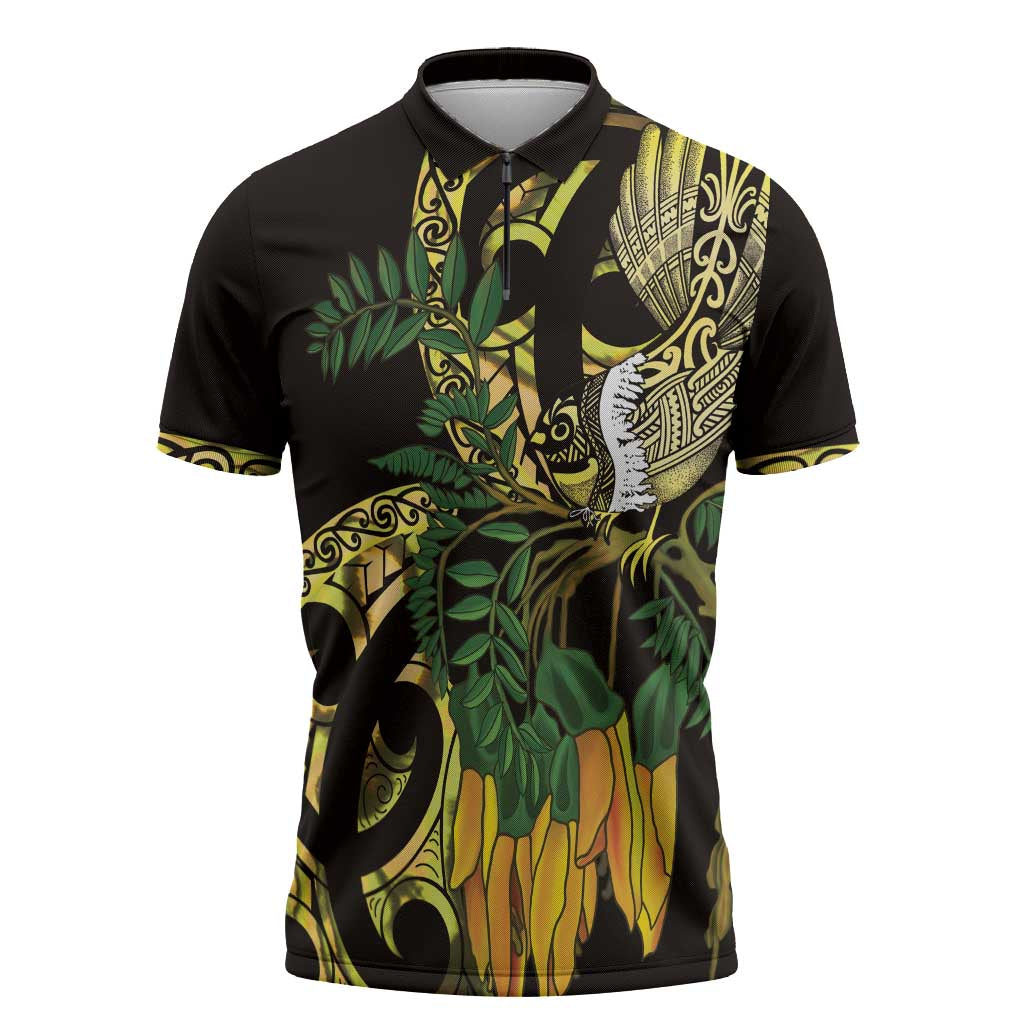 Yellow New Zealand Kowhai And Piwakawaka Zipper Polo Shirt Maori Ngaru Paua Shell - Polynesian Pride