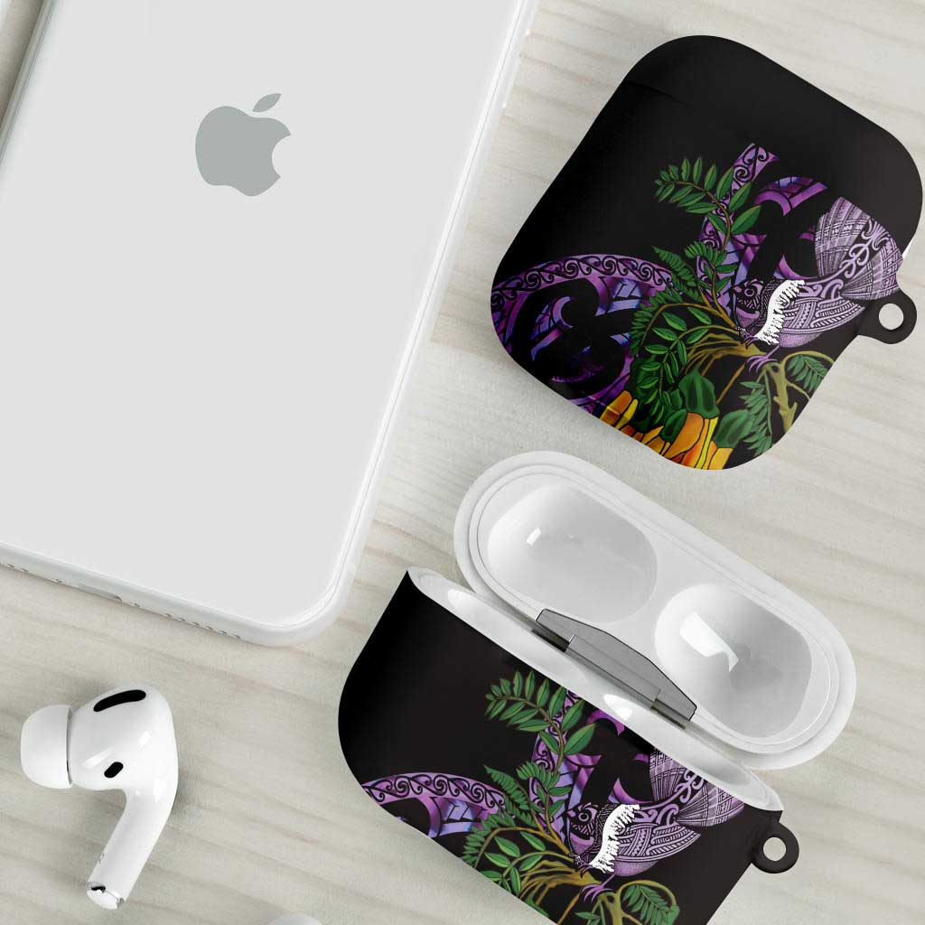 Purple New Zealand Kowhai And Piwakawaka AirPods Case Maori Ngaru Paua Shell - Polynesian Pride