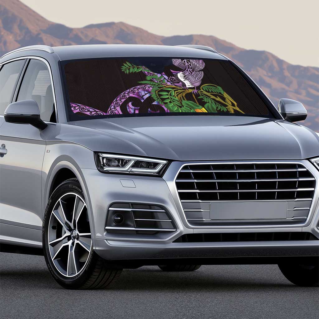 Purple New Zealand Kowhai And Piwakawaka Auto Sun Shade Maori Ngaru Paua Shell - Polynesian Pride