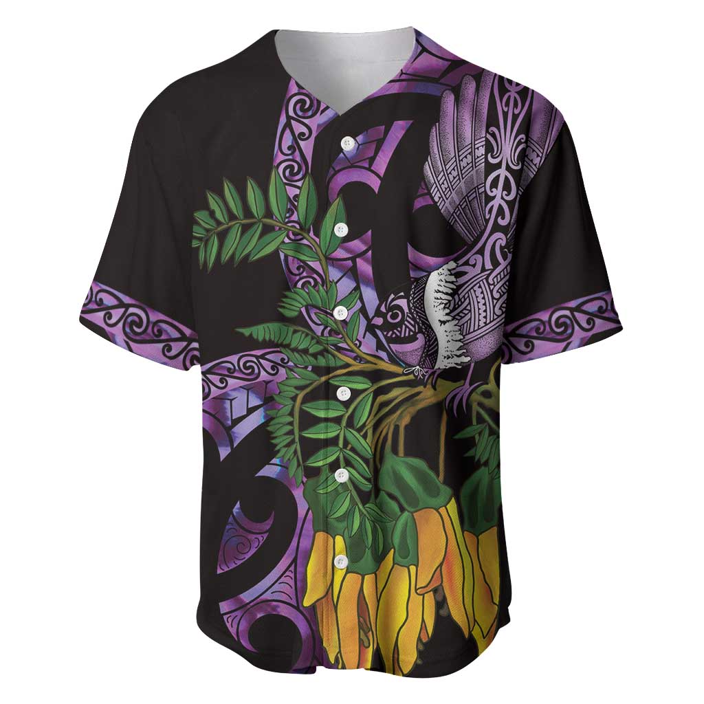 Purple New Zealand Kowhai And Piwakawaka Baseball Jersey Maori Ngaru Paua Shell