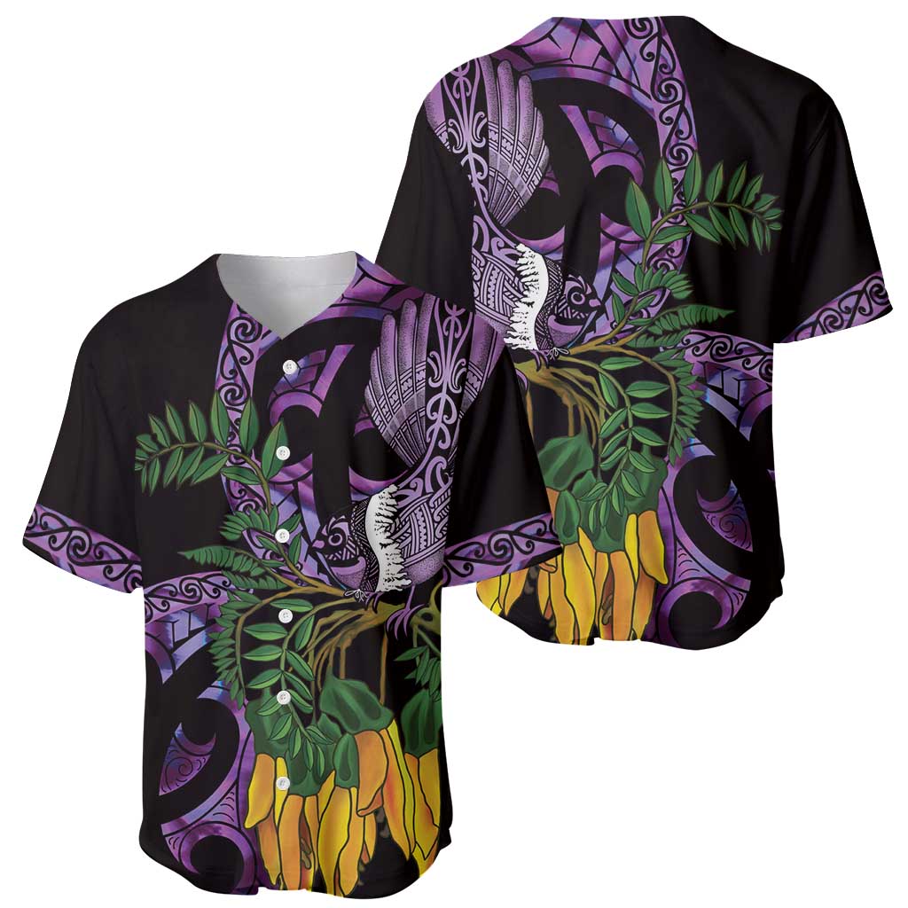 Purple New Zealand Kowhai And Piwakawaka Baseball Jersey Maori Ngaru Paua Shell