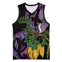 Purple New Zealand Kowhai And Piwakawaka Basketball Jersey Maori Ngaru Paua Shell - Polynesian Pride