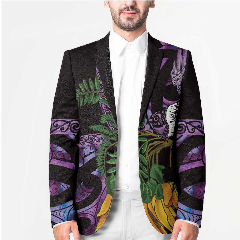 Purple New Zealand Kowhai And Piwakawaka Blazer Maori Ngaru Paua Shell - Polynesian Pride