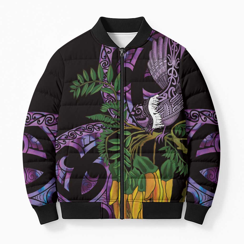 Purple New Zealand Kowhai And Piwakawaka Bomber Puffer Jacket Maori Ngaru Paua Shell - Polynesian Pride