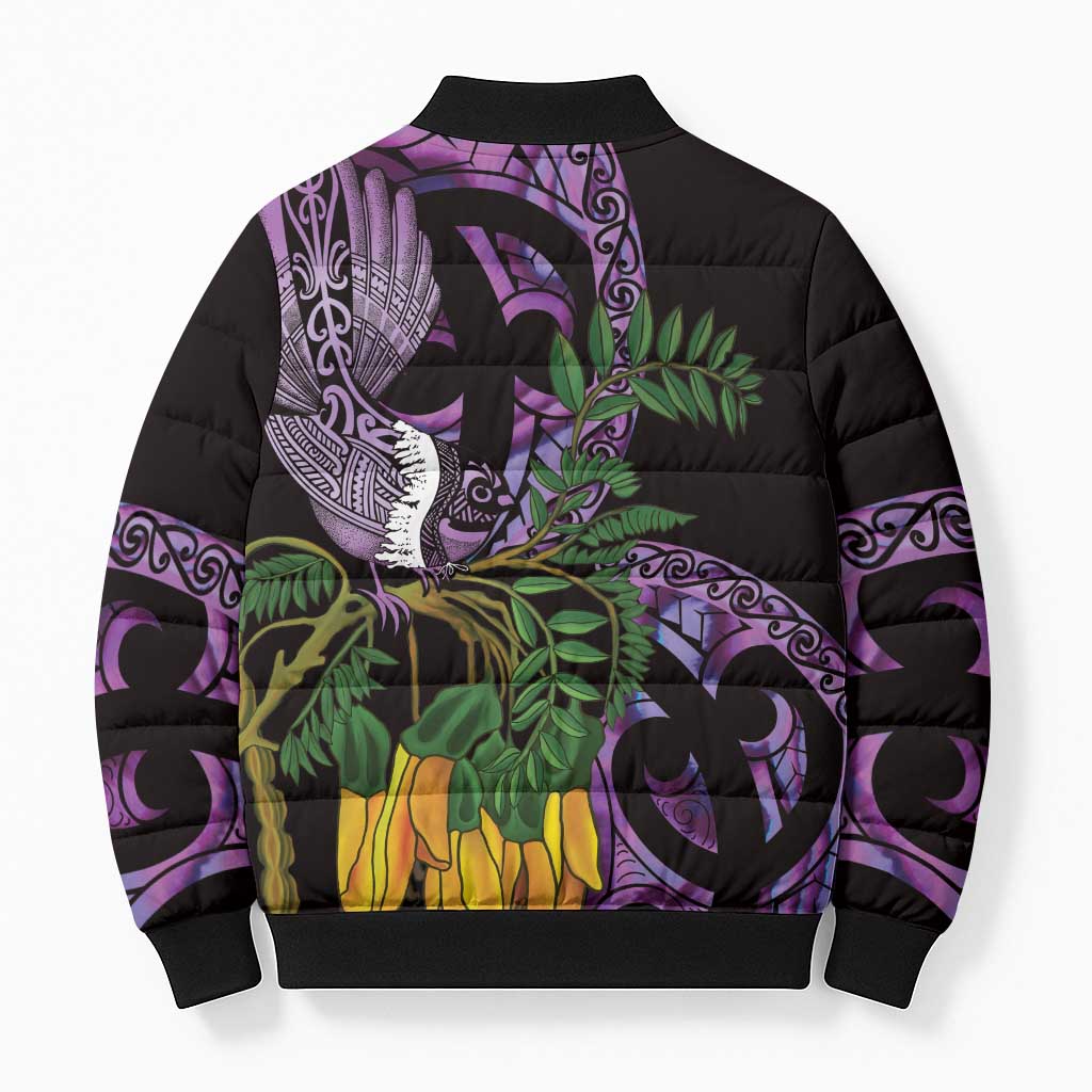 Purple New Zealand Kowhai And Piwakawaka Bomber Puffer Jacket Maori Ngaru Paua Shell - Polynesian Pride
