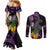 Purple New Zealand Kowhai And Piwakawaka Couples Matching Mermaid Dress and Long Sleeve Button Shirt Maori Ngaru Paua Shell