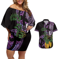 Purple New Zealand Kowhai And Piwakawaka Couples Matching Off Shoulder Short Dress and Hawaiian Shirt Maori Ngaru Paua Shell