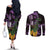 Purple New Zealand Kowhai And Piwakawaka Couples Matching Off The Shoulder Long Sleeve Dress and Long Sleeve Button Shirt Maori Ngaru Paua Shell