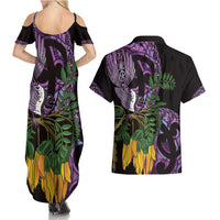 Purple New Zealand Kowhai And Piwakawaka Couples Matching Summer Maxi Dress and Hawaiian Shirt Maori Ngaru Paua Shell