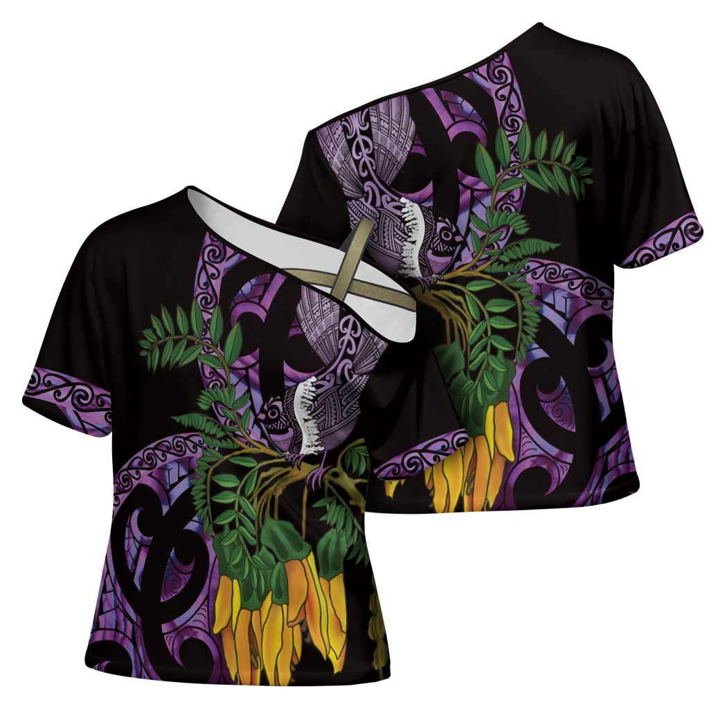 Purple New Zealand Kowhai And Piwakawaka Cross Shoulder Shirt Maori Ngaru Paua Shell - Polynesian Pride