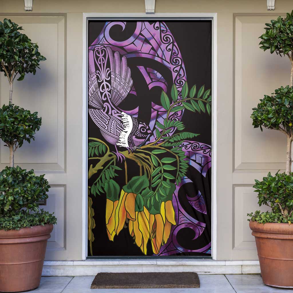 Purple New Zealand Kowhai And Piwakawaka Door Cover Maori Ngaru Paua Shell - Polynesian Pride