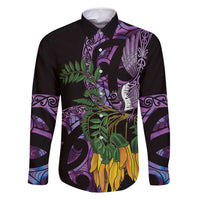 Purple New Zealand Kowhai And Piwakawaka Family Matching Long Sleeve Bodycon Dress and Hawaiian Shirt Maori Ngaru Paua Shell LT14 Dad's Shirt - Long Sleeve Purple - Polynesian Pride