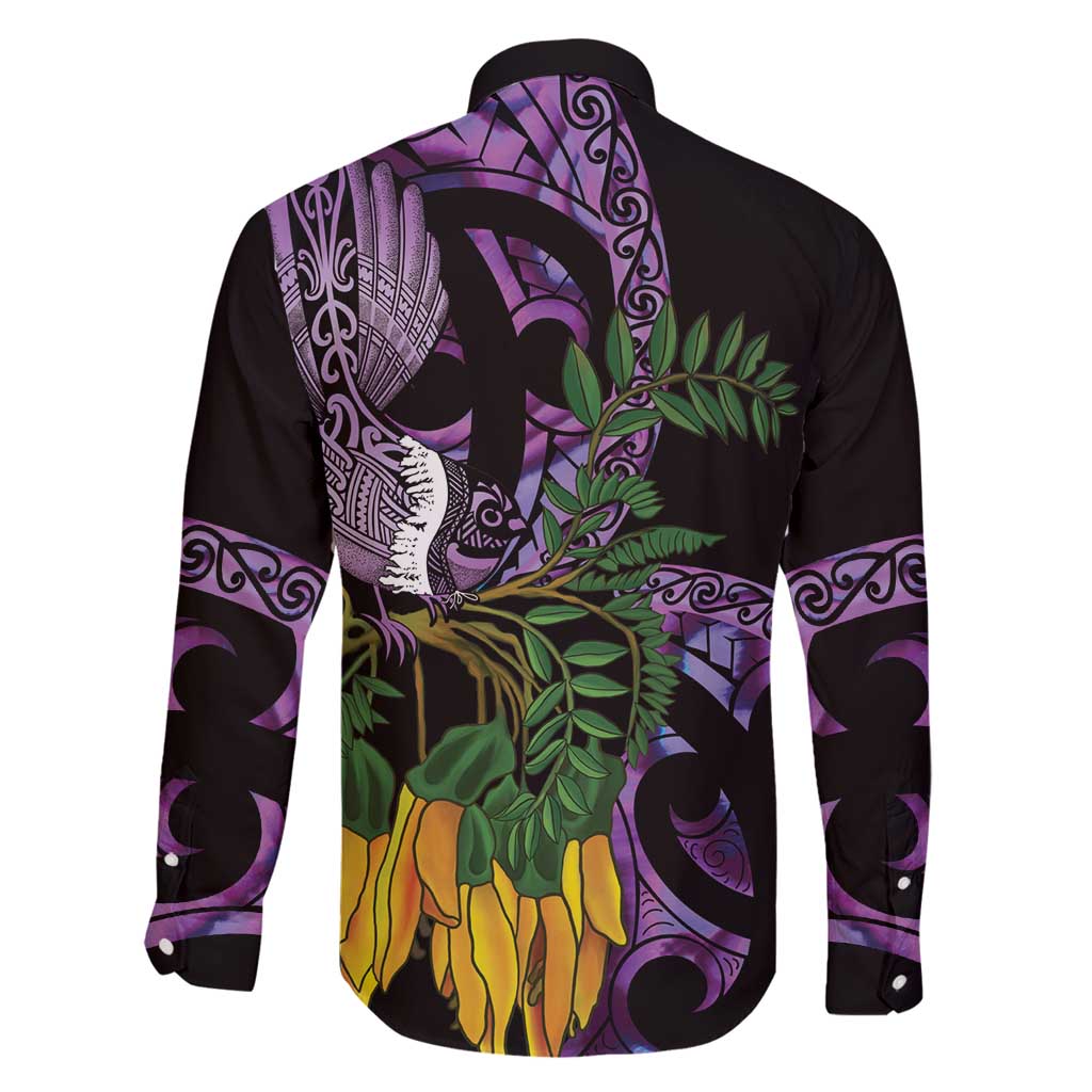 Purple New Zealand Kowhai And Piwakawaka Family Matching Long Sleeve Bodycon Dress and Hawaiian Shirt Maori Ngaru Paua Shell LT14 - Polynesian Pride