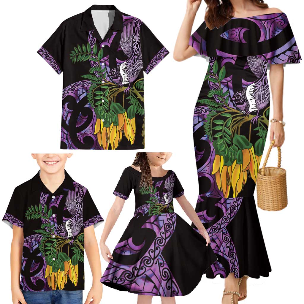 Purple New Zealand Kowhai And Piwakawaka Family Matching Mermaid Dress and Hawaiian Shirt Maori Ngaru Paua Shell LT14 - Polynesian Pride