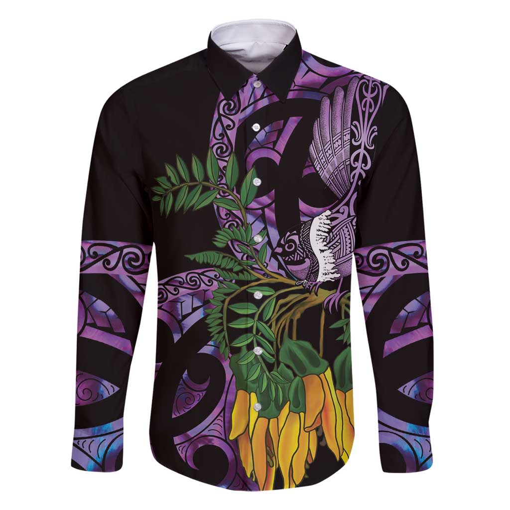 Purple New Zealand Kowhai And Piwakawaka Family Matching Mermaid Dress and Hawaiian Shirt Maori Ngaru Paua Shell LT14 Dad's Shirt - Long Sleeve Purple - Polynesian Pride