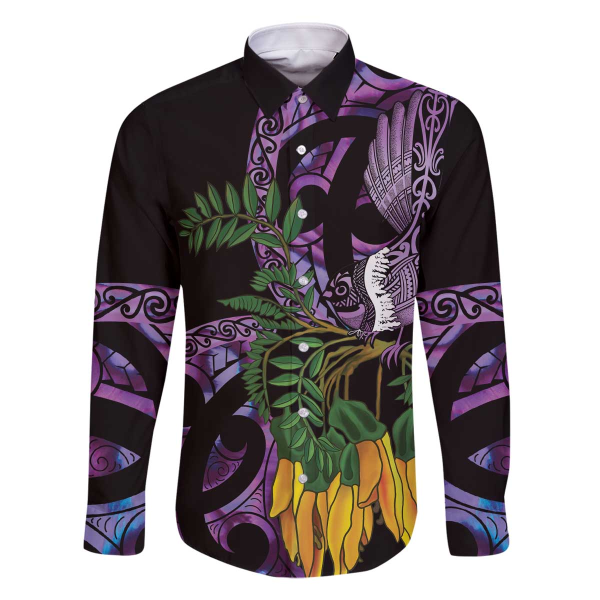 Purple New Zealand Kowhai And Piwakawaka Family Matching Off The Shoulder Long Sleeve Dress and Hawaiian Shirt Maori Ngaru Paua Shell