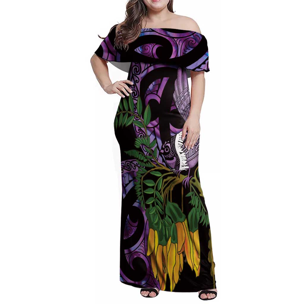 Purple New Zealand Kowhai And Piwakawaka Family Matching Off Shoulder Maxi Dress and Hawaiian Shirt Maori Ngaru Paua Shell