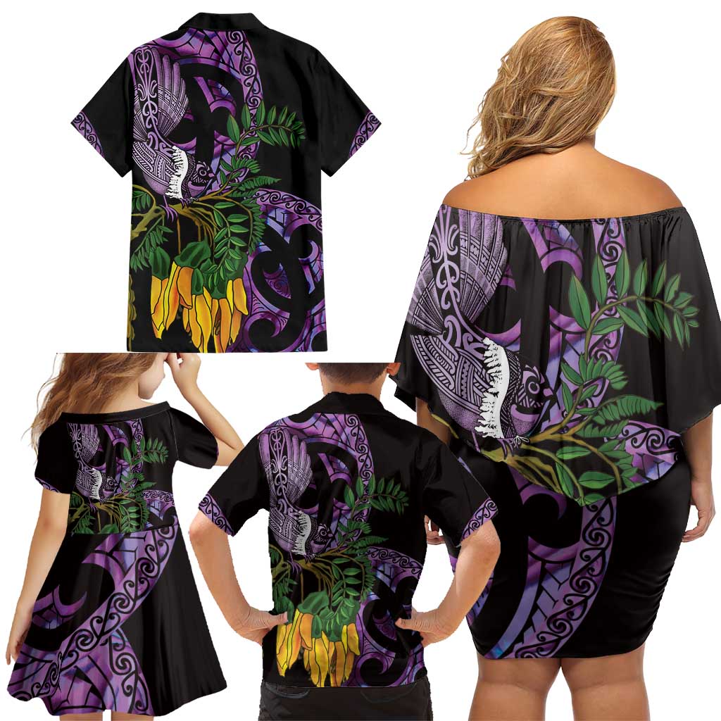 Purple New Zealand Kowhai And Piwakawaka Family Matching Off Shoulder Short Dress and Hawaiian Shirt Maori Ngaru Paua Shell