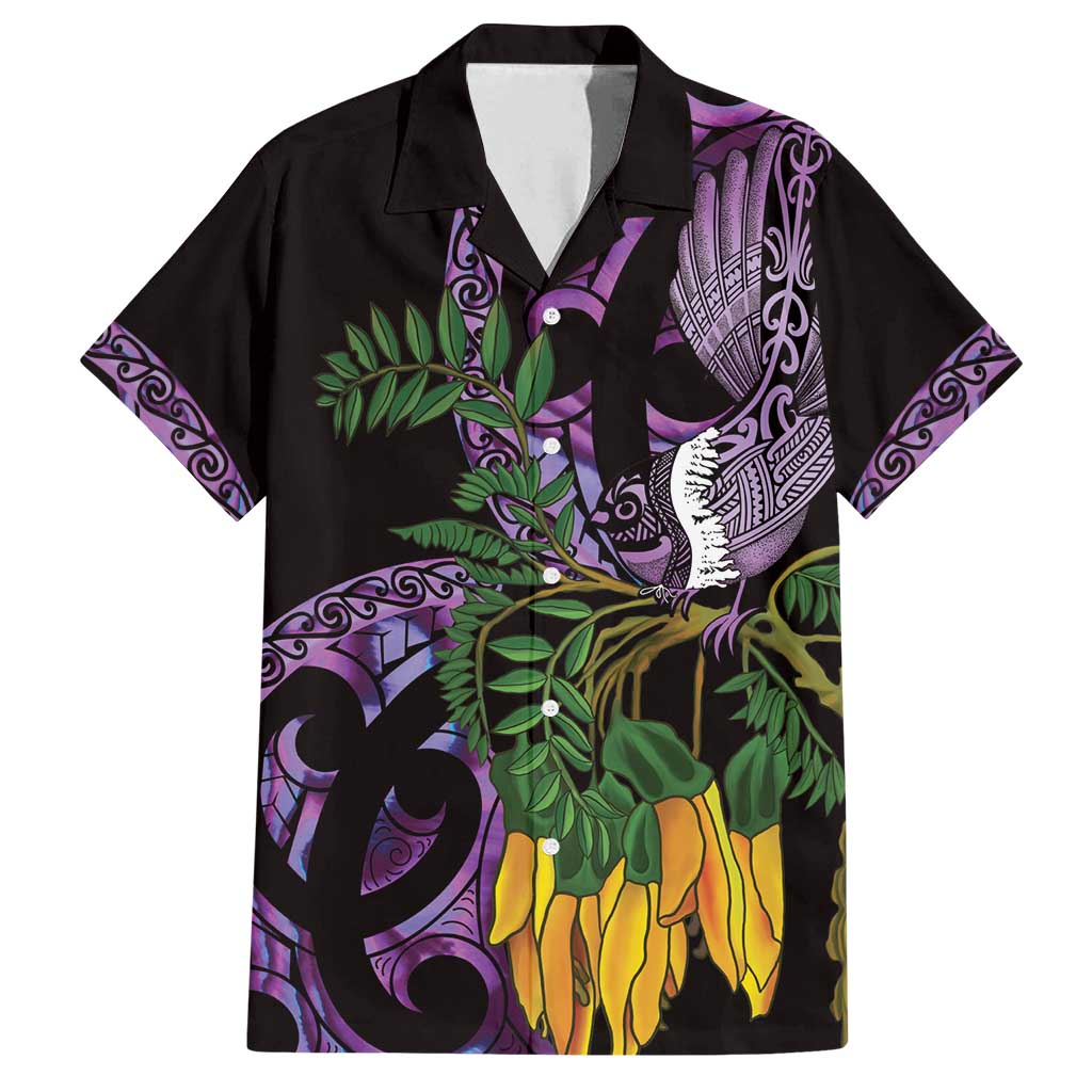 Purple New Zealand Kowhai And Piwakawaka Family Matching Off Shoulder Short Dress and Hawaiian Shirt Maori Ngaru Paua Shell