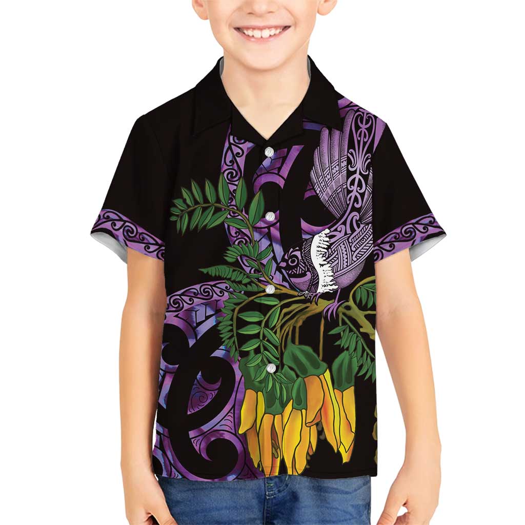 Purple New Zealand Kowhai And Piwakawaka Family Matching Puletasi and Hawaiian Shirt Maori Ngaru Paua Shell