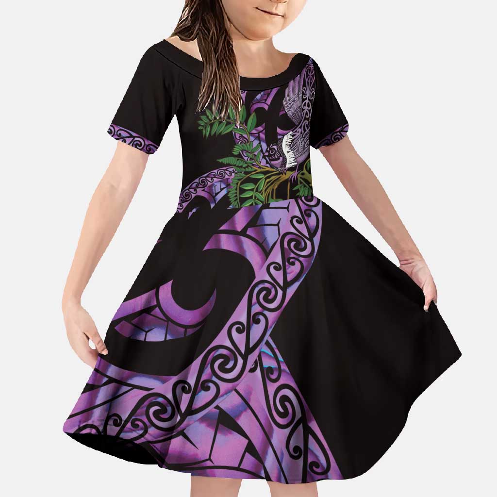 Purple New Zealand Kowhai And Piwakawaka Family Matching Short Sleeve Bodycon Dress and Hawaiian Shirt Maori Ngaru Paua Shell LT14 Daughter's Dress Purple - Polynesian Pride