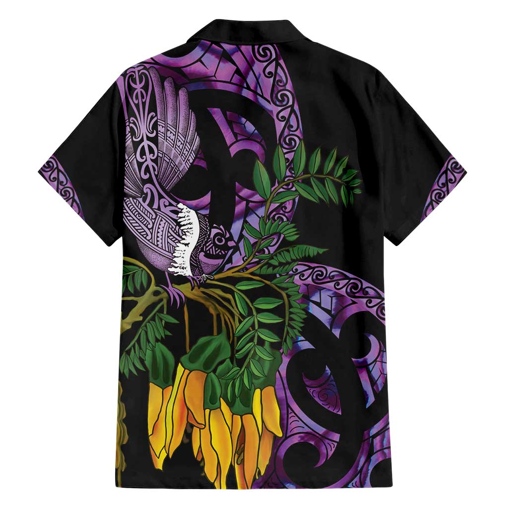 Purple New Zealand Kowhai And Piwakawaka Family Matching Short Sleeve Bodycon Dress and Hawaiian Shirt Maori Ngaru Paua Shell LT14 - Polynesian Pride