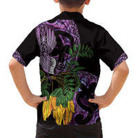 Purple New Zealand Kowhai And Piwakawaka Family Matching Summer Maxi Dress and Hawaiian Shirt Maori Ngaru Paua Shell