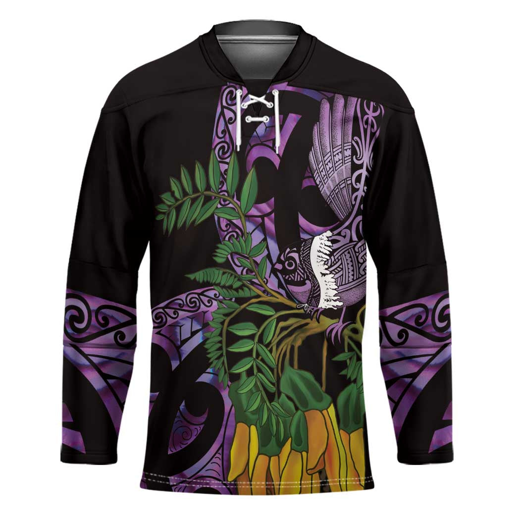Purple New Zealand Kowhai And Piwakawaka Hockey Jersey Maori Ngaru Paua Shell - Polynesian Pride