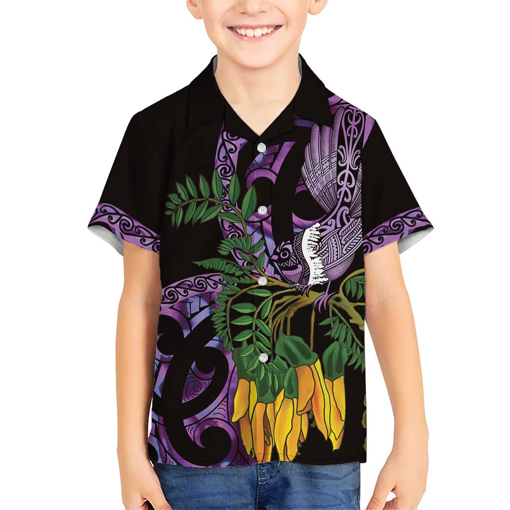 Purple New Zealand Kowhai And Piwakawaka Kid Hawaiian Shirt Maori Ngaru Paua Shell LT14 Kid Purple - Polynesian Pride