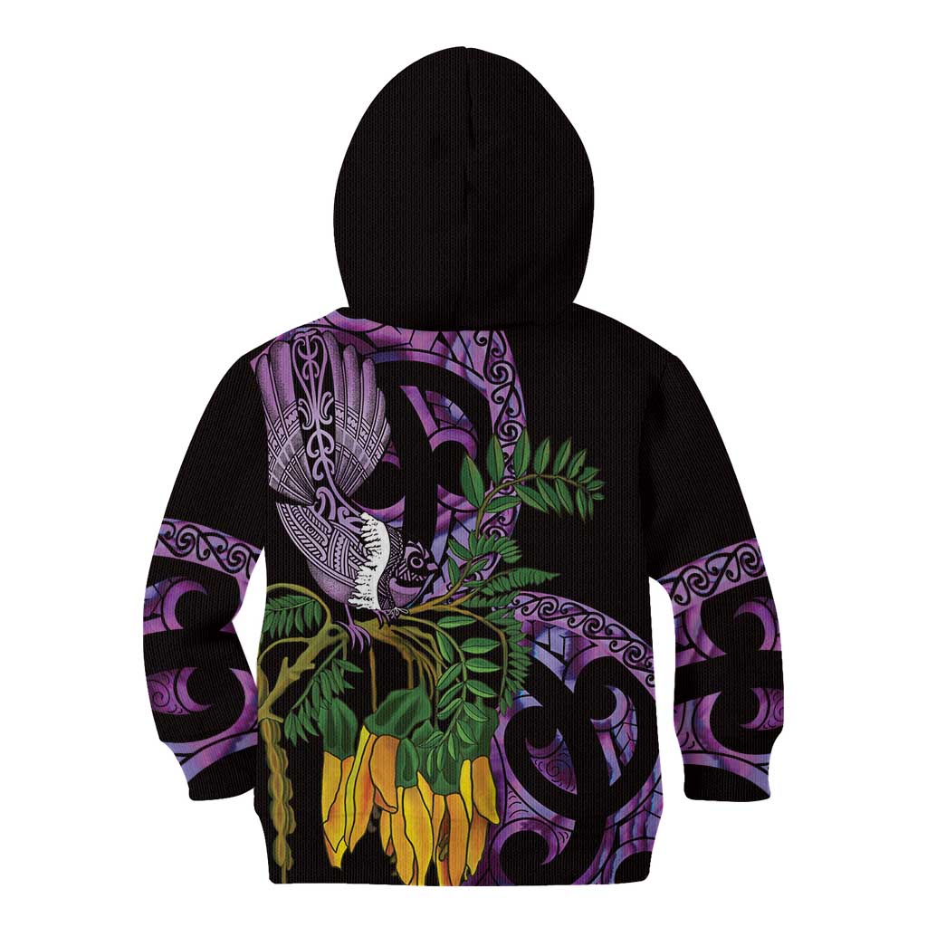 Purple New Zealand Kowhai And Piwakawaka Kid Hoodie Maori Ngaru Paua Shell