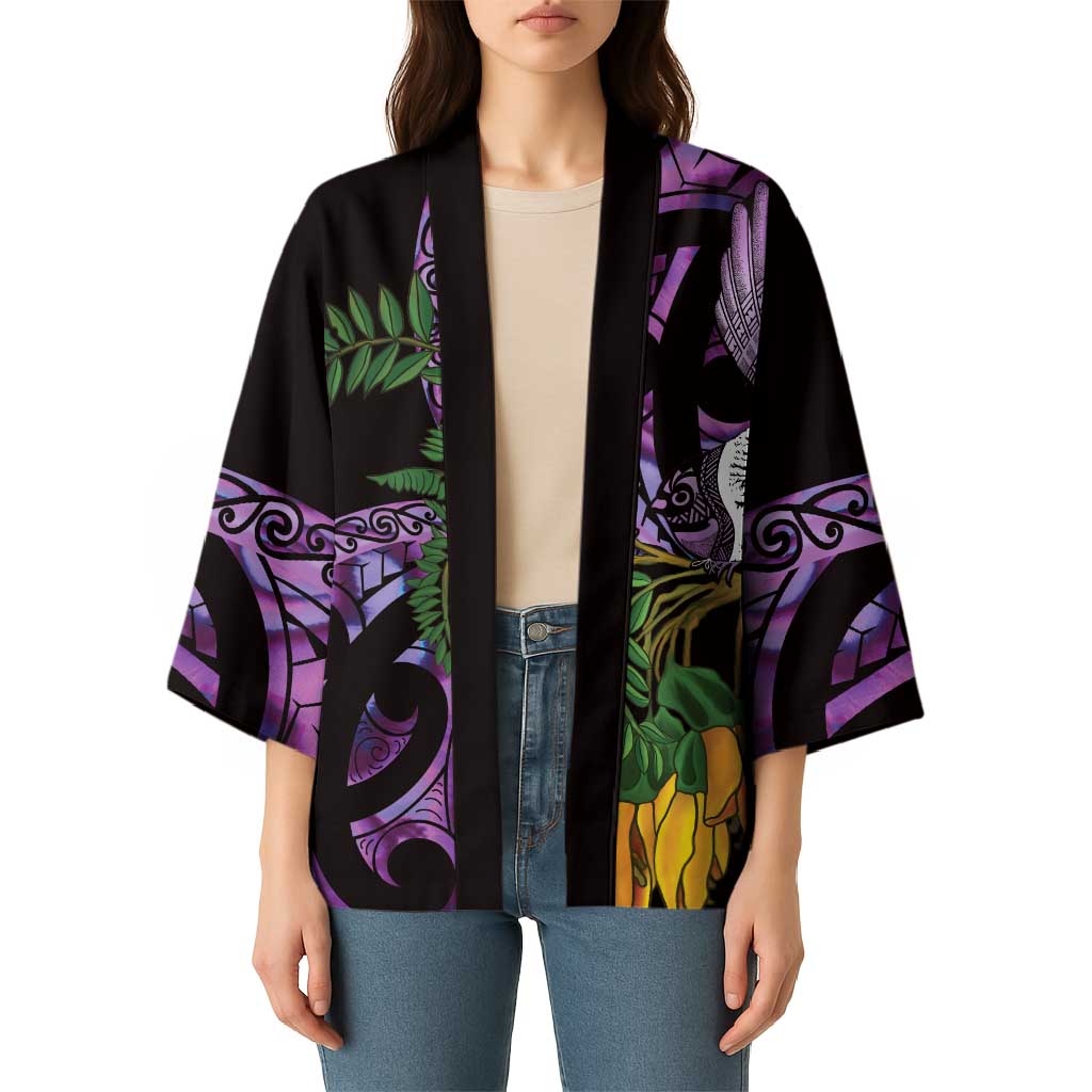 Purple New Zealand Kowhai And Piwakawaka Kimono Maori Ngaru Paua Shell - Polynesian Pride