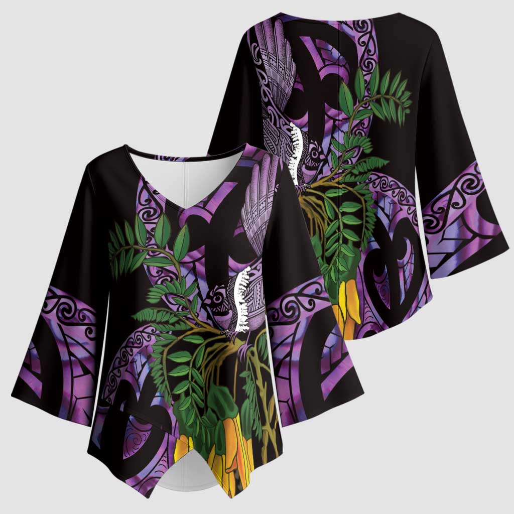 Purple New Zealand Kowhai And Piwakawaka Kimono Sleeve Blouse Maori Ngaru Paua Shell - Polynesian Pride