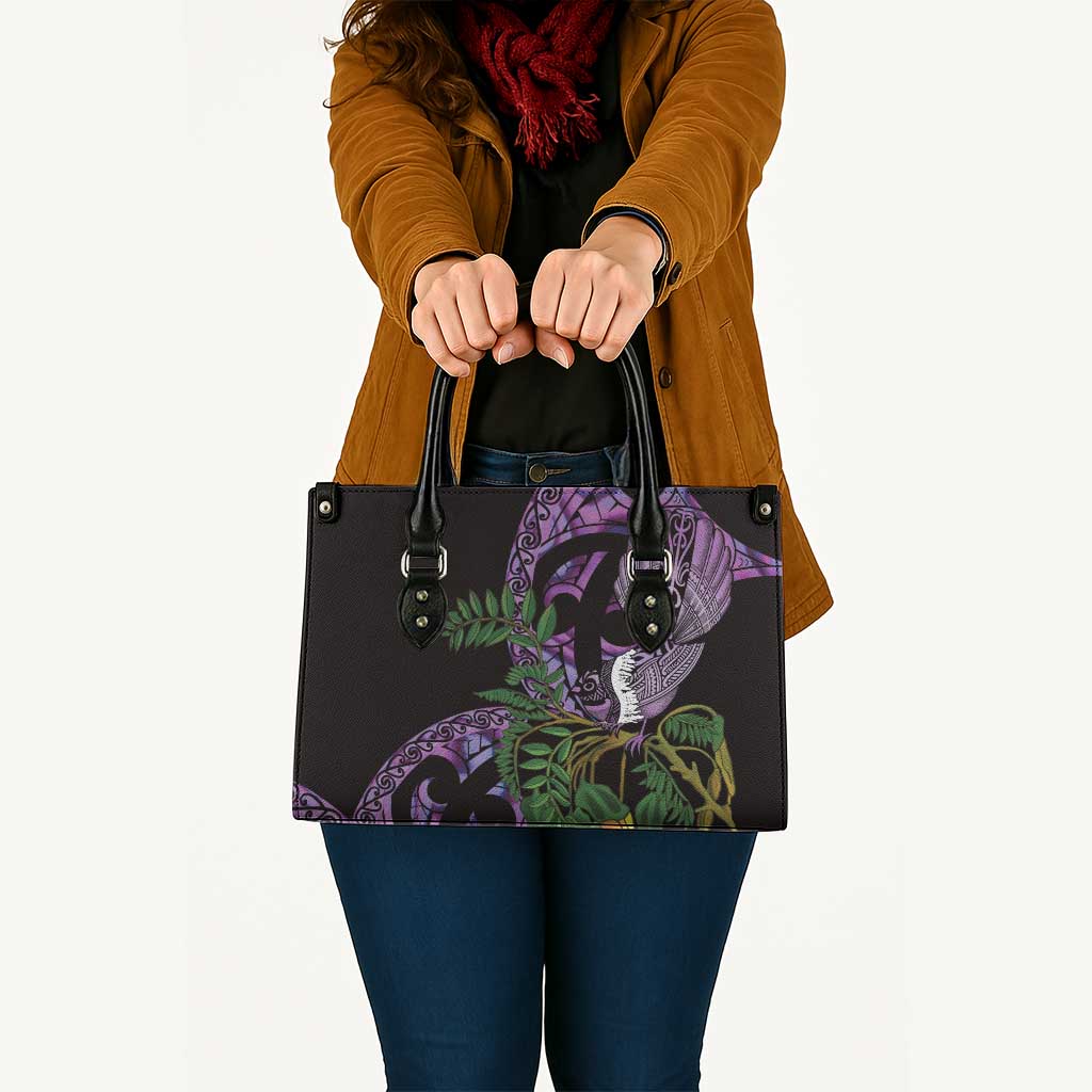 Purple New Zealand Kowhai And Piwakawaka Leather Bag Maori Ngaru Paua Shell - Polynesian Pride
