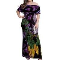 Purple New Zealand Kowhai And Piwakawaka Off Shoulder Maxi Dress Maori Ngaru Paua Shell