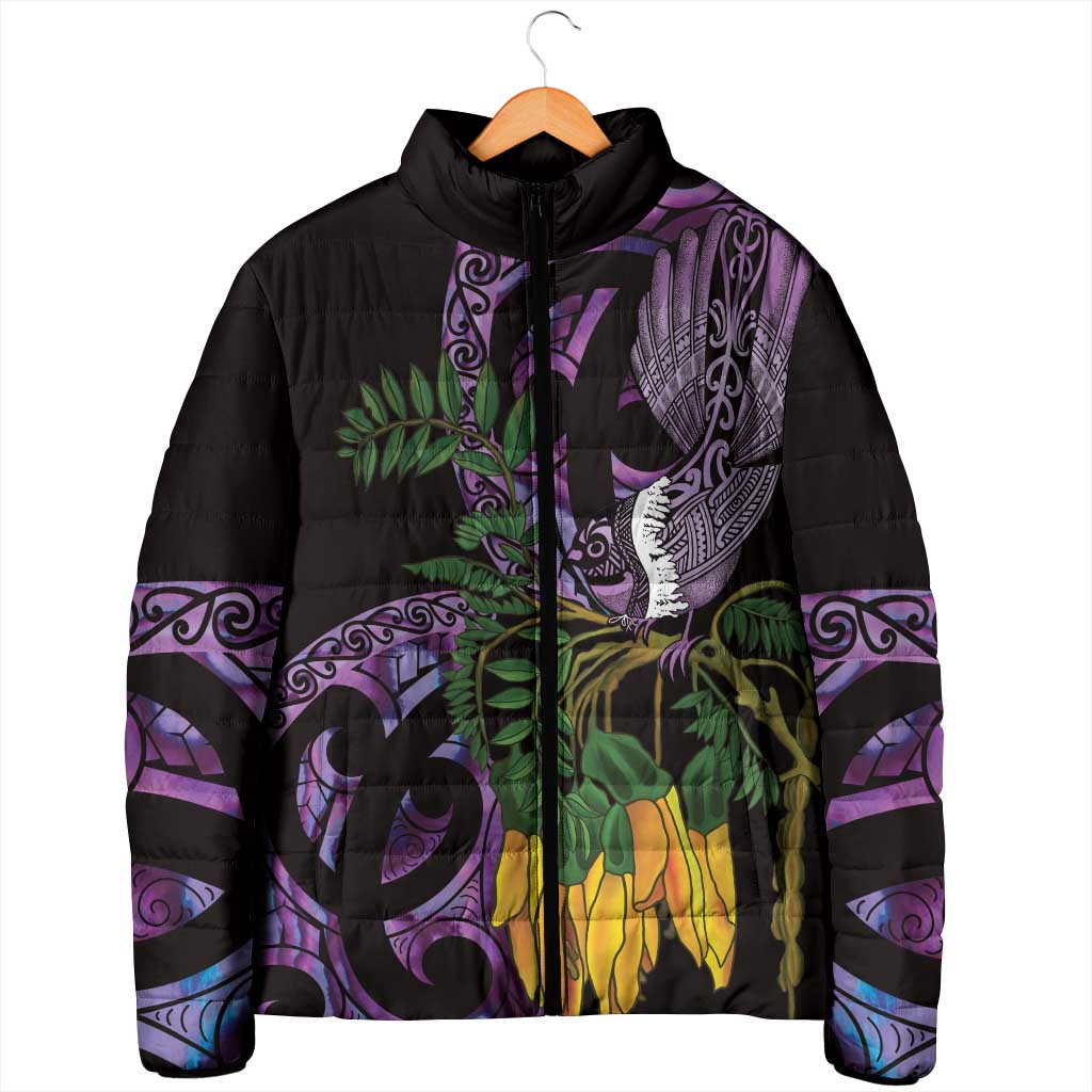 Purple New Zealand Kowhai And Piwakawaka Padded Jacket Maori Ngaru Paua Shell - Polynesian Pride