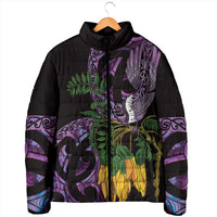 Purple New Zealand Kowhai And Piwakawaka Padded Jacket Maori Ngaru Paua Shell - Polynesian Pride
