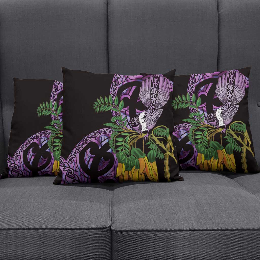 Purple New Zealand Kowhai And Piwakawaka Pillow Cover Maori Ngaru Paua Shell - Polynesian Pride