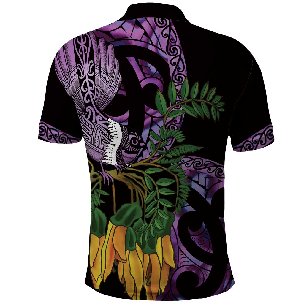 Purple New Zealand Kowhai And Piwakawaka Polo Shirt Maori Ngaru Paua Shell