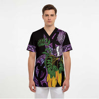 Purple New Zealand Kowhai And Piwakawaka Scrub Top Maori Ngaru Paua Shell - Polynesian Pride