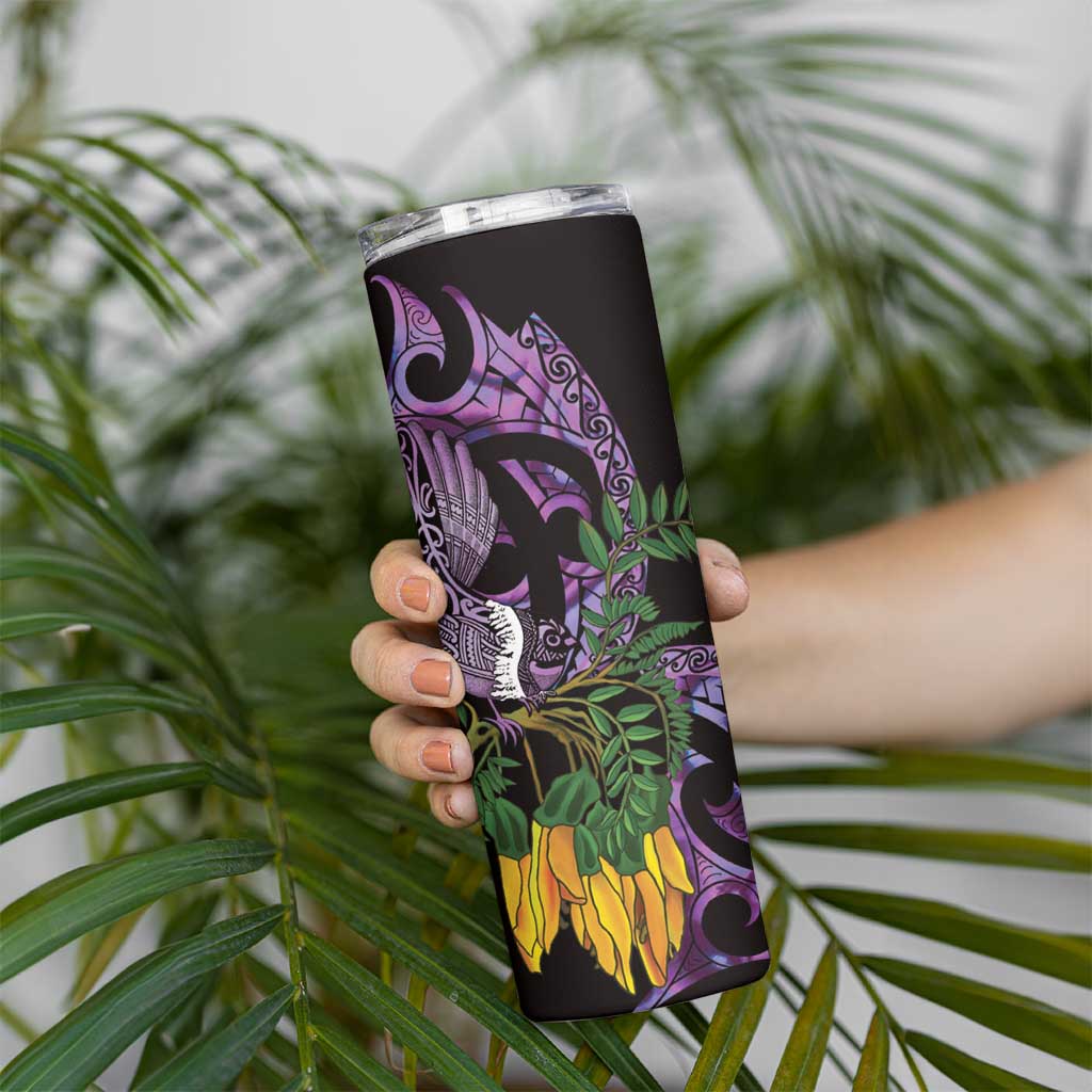 Purple New Zealand Kowhai And Piwakawaka Skinny Tumbler Maori Ngaru Paua Shell