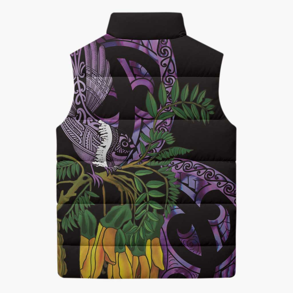 Purple New Zealand Kowhai And Piwakawaka Sleeveless Puffer Jacket Maori Ngaru Paua Shell - Polynesian Pride