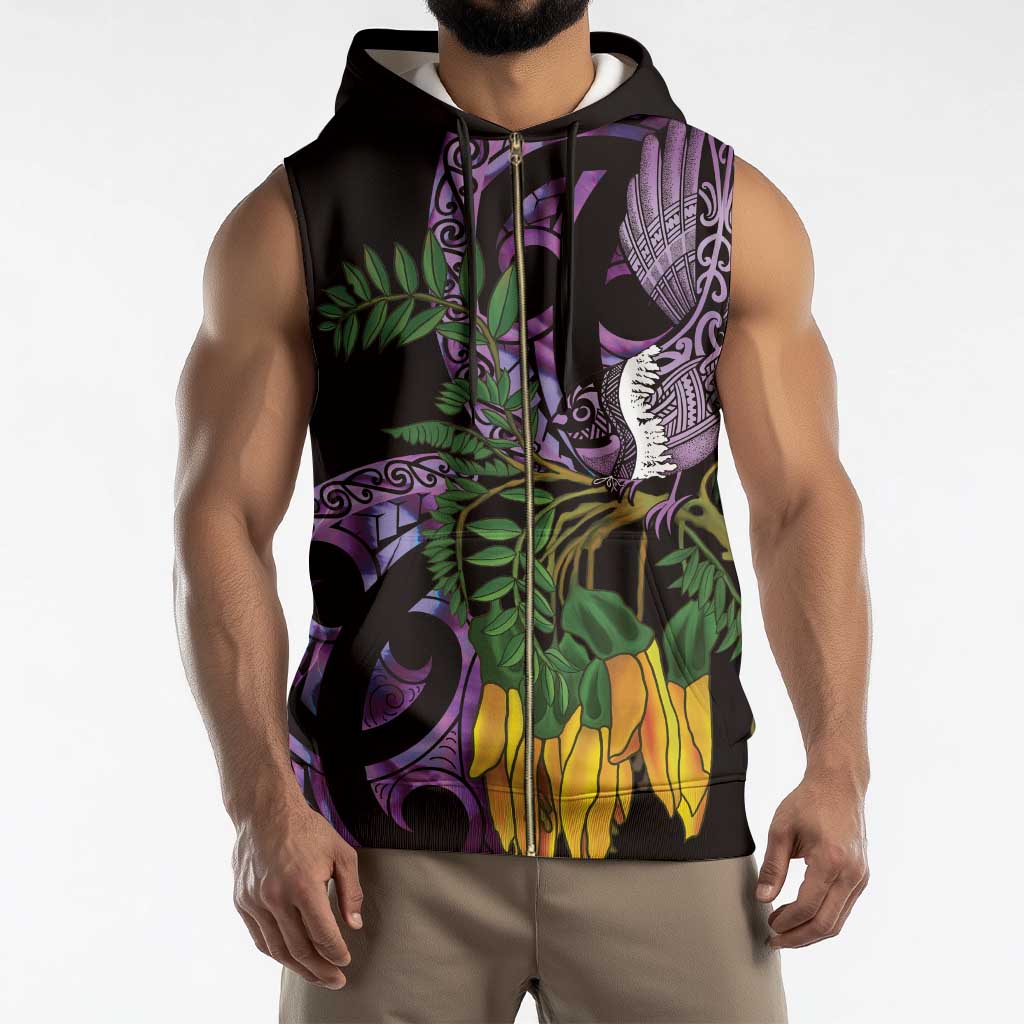 Purple New Zealand Kowhai And Piwakawaka Sleeveless Zip Hoodie Maori Ngaru Paua Shell - Polynesian Pride