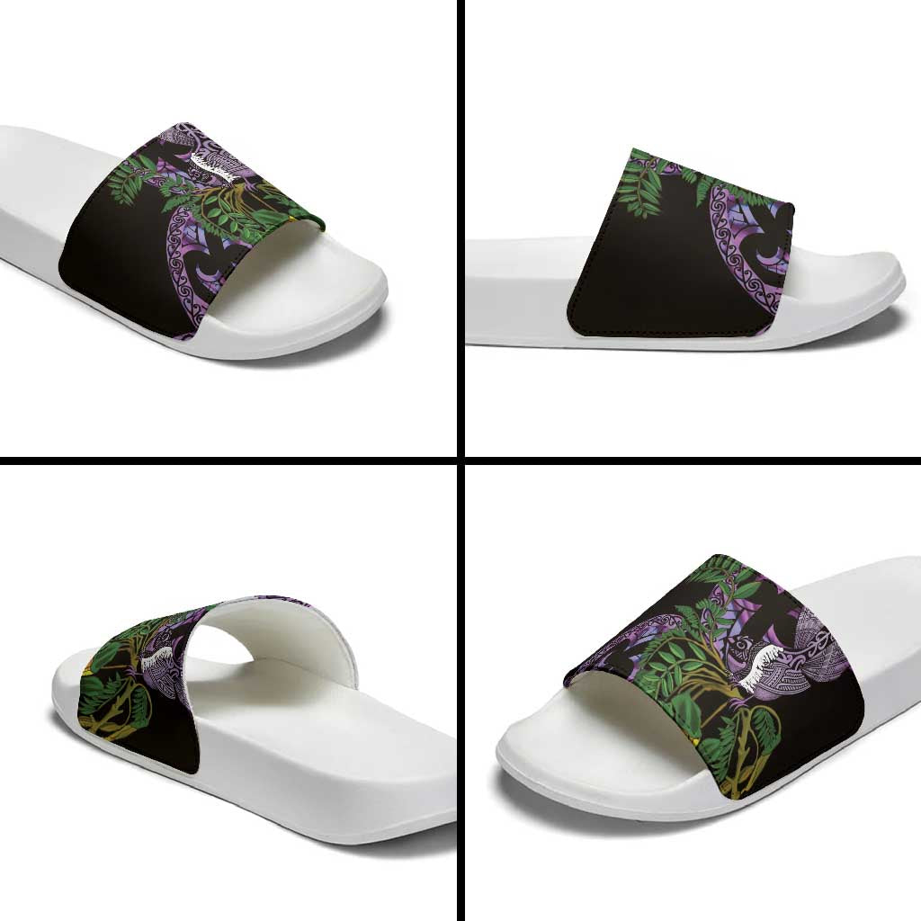 Purple New Zealand Kowhai And Piwakawaka Slide Sandals Maori Ngaru Paua Shell - Polynesian Pride