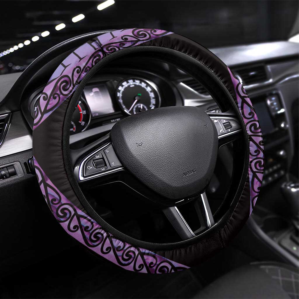 Purple New Zealand Kowhai And Piwakawaka Steering Wheel Cover Maori Ngaru Paua Shell