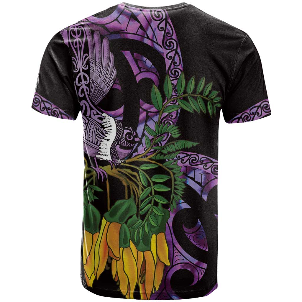 Purple New Zealand Kowhai And Piwakawaka T Shirt Maori Ngaru Paua Shell