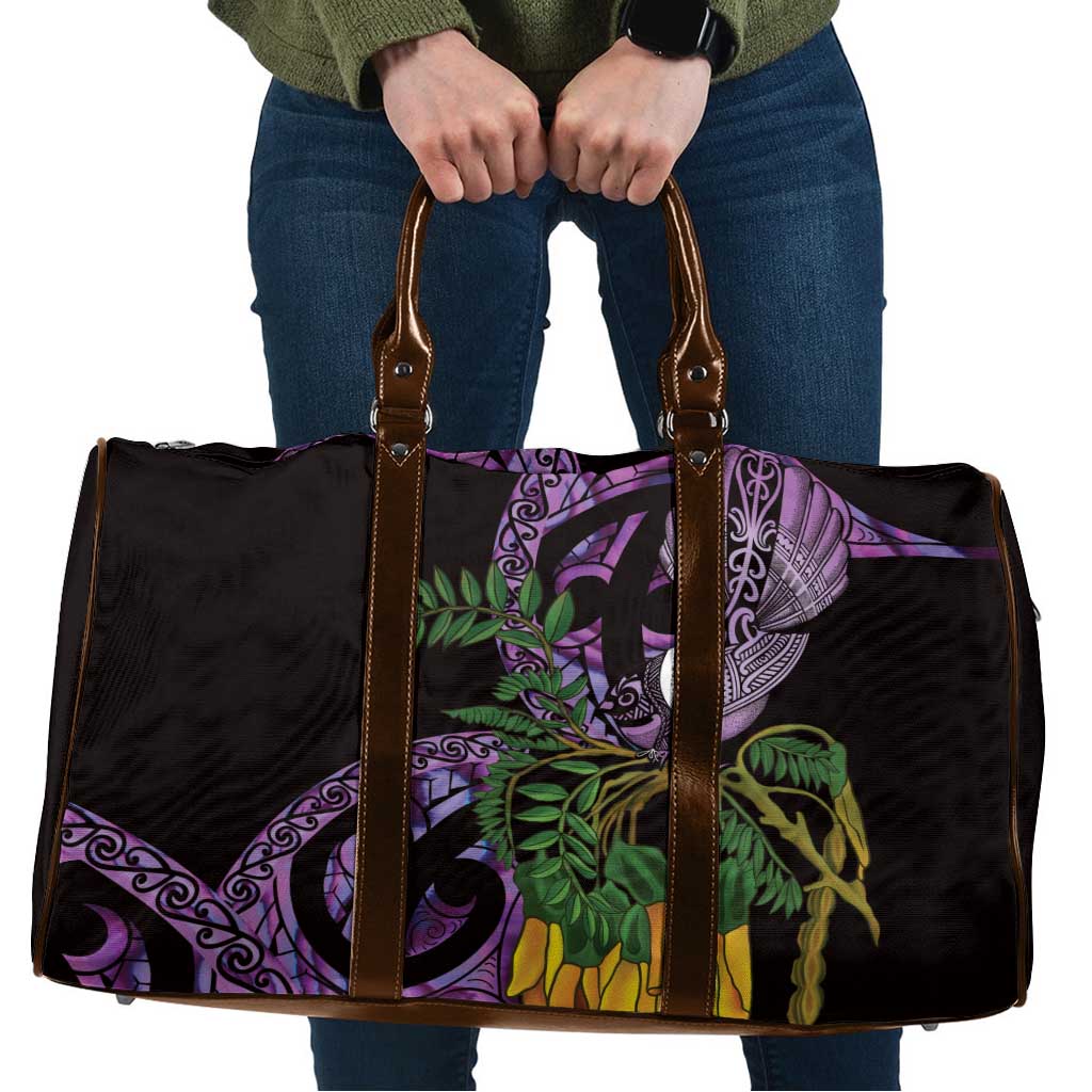 Purple New Zealand Kowhai And Piwakawaka Travel Bag Maori Ngaru Paua Shell - Polynesian Pride